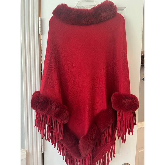 Glam Old Money Luxury Mobwife Poncho Acrylic Fall Winter Fringe Faux Fur Pattern - Picture 1 of 7